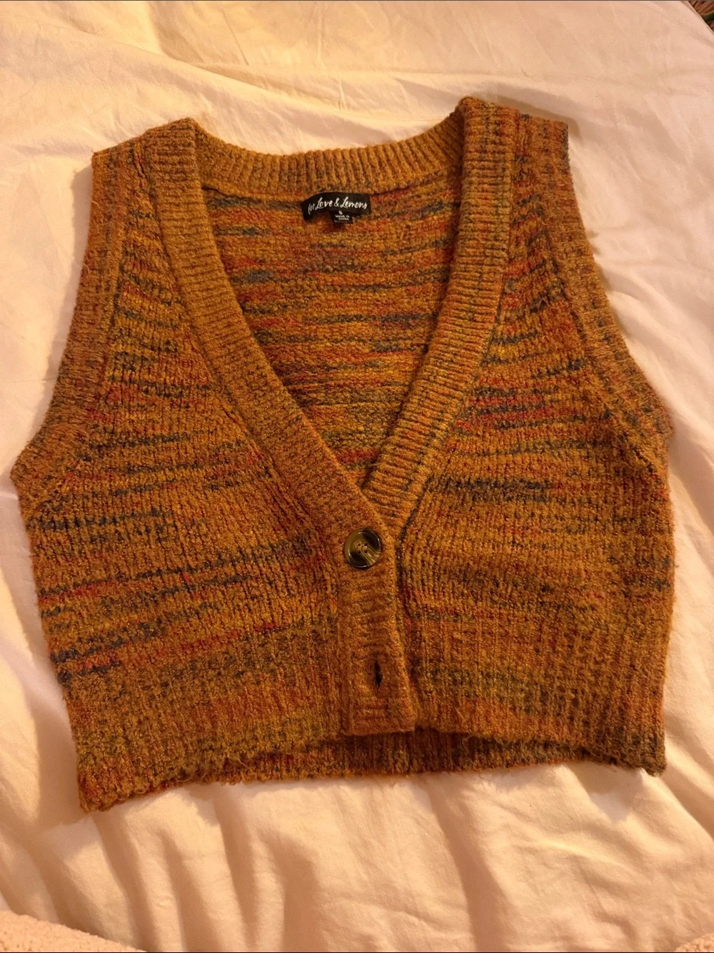 For Love & Lemons Mustard Multicolor Knit Button Vest - Picture 1 of 5